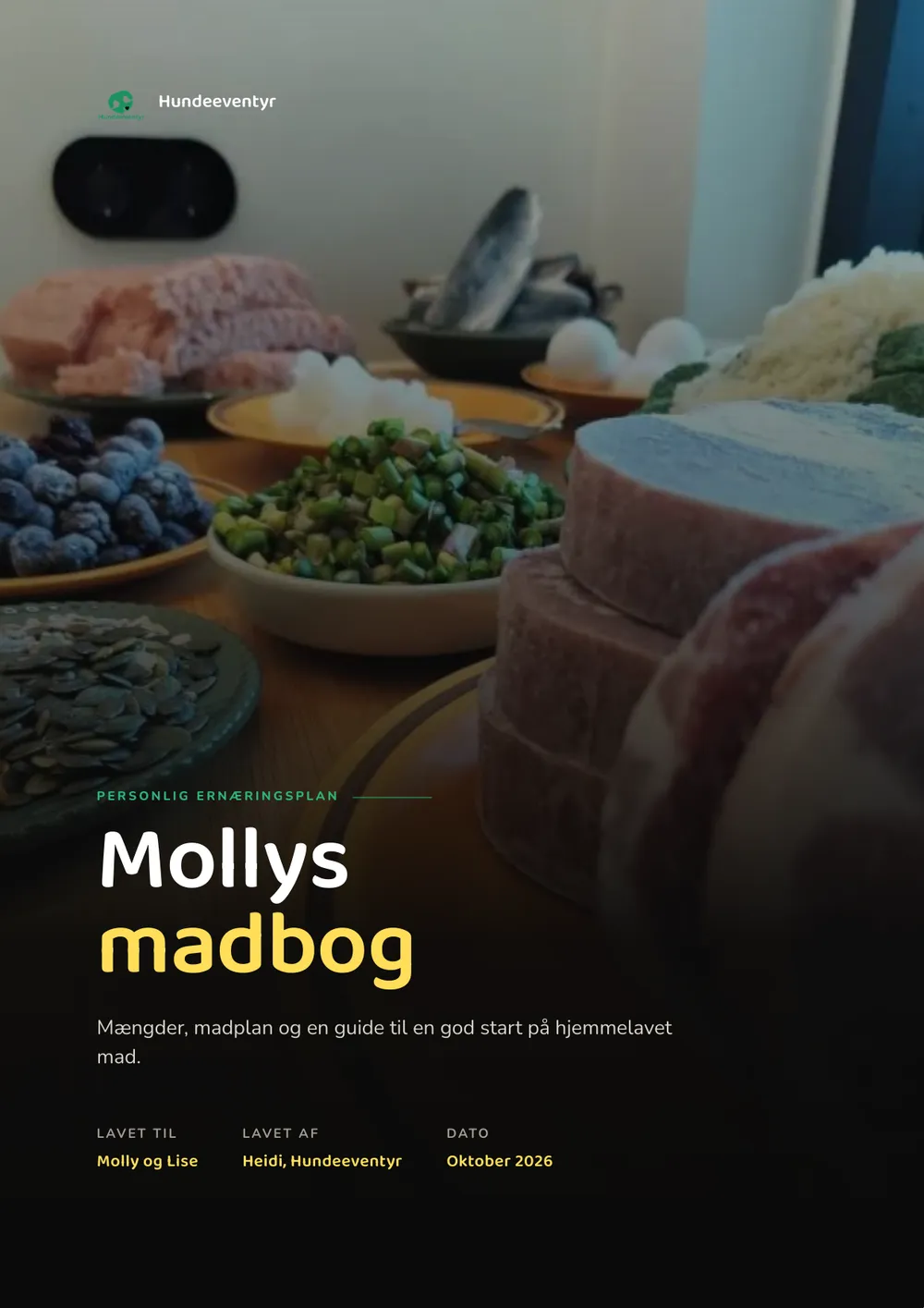 Forsiden af en madbog med teksten Mollys madbog over et billede af friske råvarer