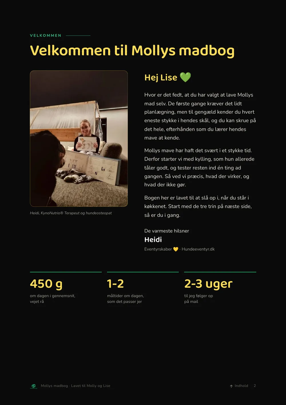 Velkomstside med et personligt brev fra Heidi og et billede af hende